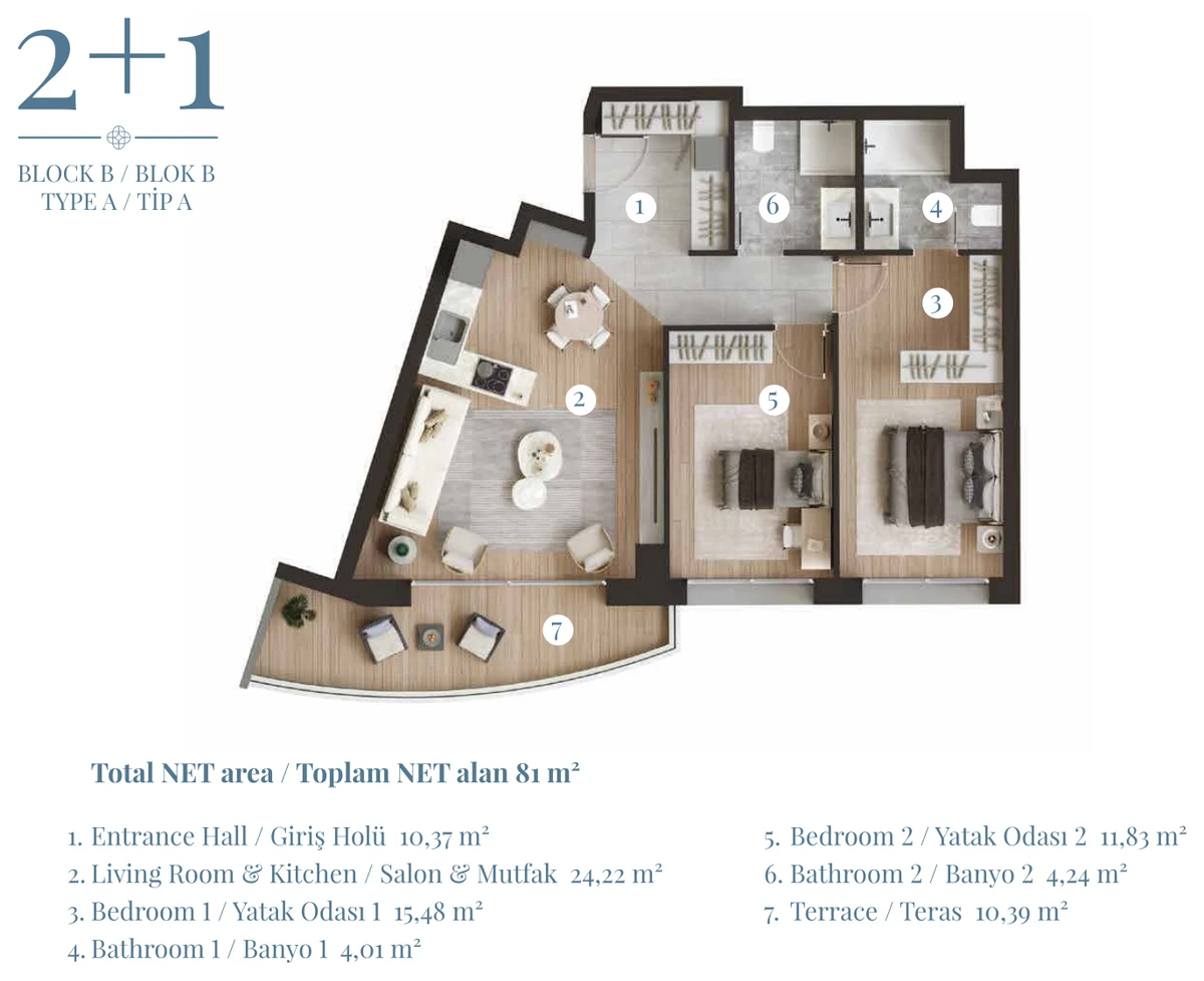 2+1 Blok B Tip A kat planı