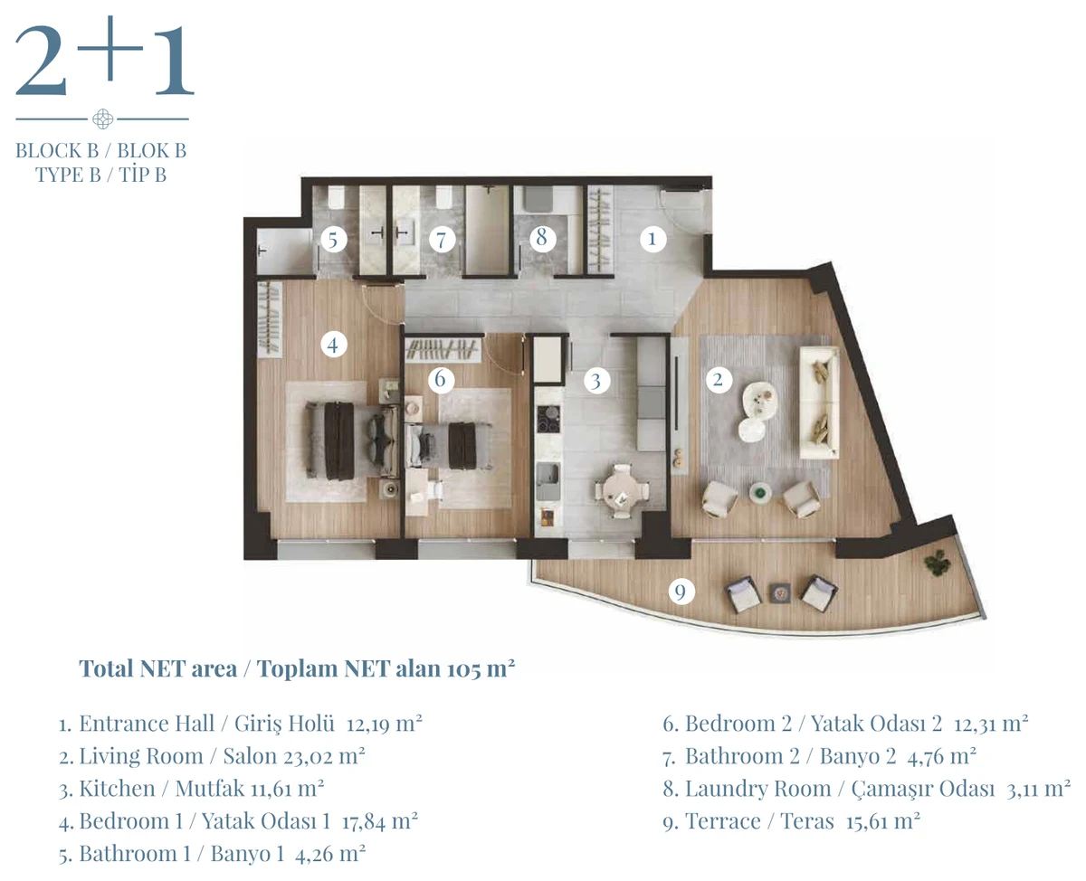 2+1 Blok B Tip B kat planı
