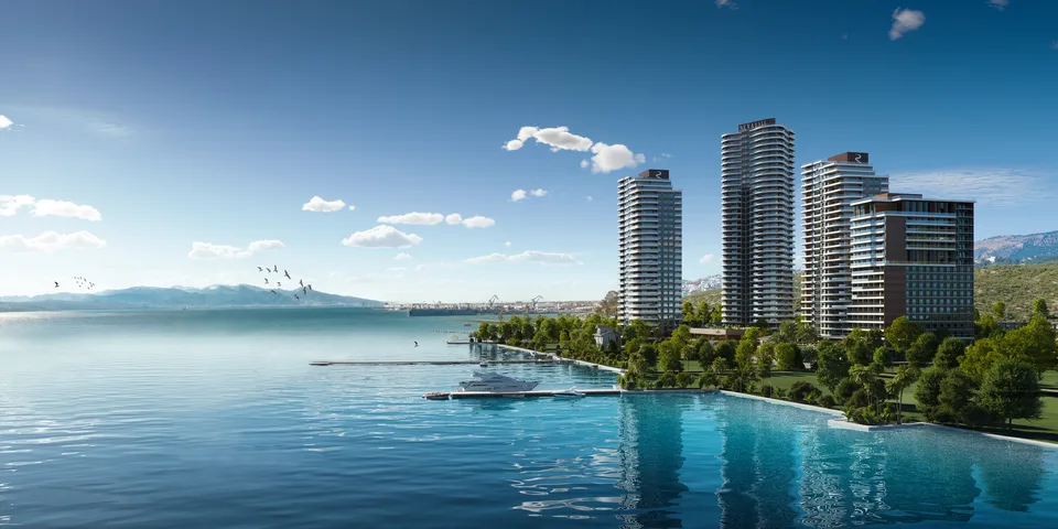 Neva Yalı İzmir rezidans kuleleri, deniz kıyısından görünüm