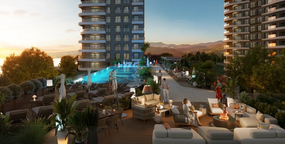 Havuz başı oturma alanları, gün batımı